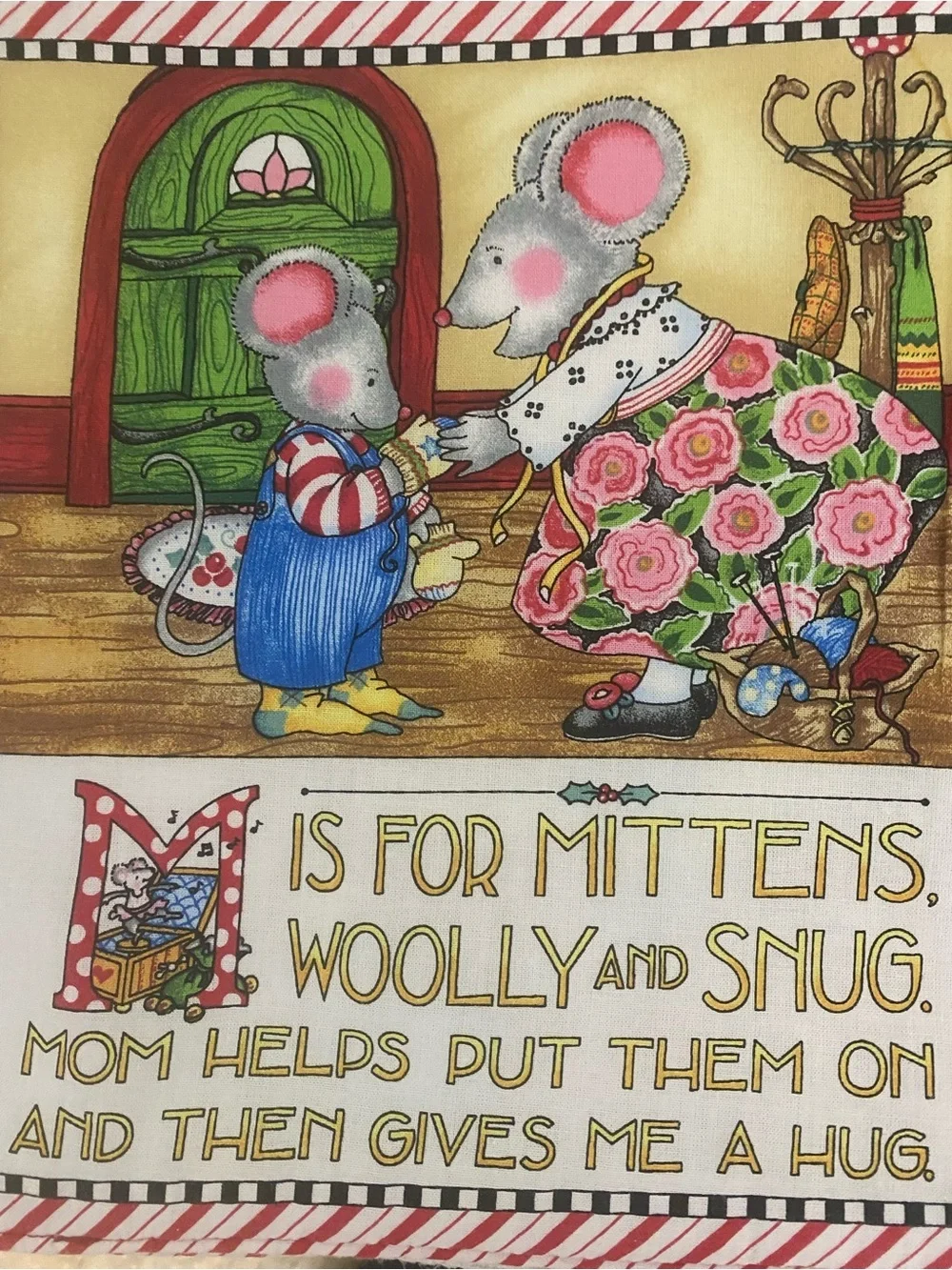 Mary Engelbreit Holiday Green Red Mouse Book Plate Fabric Kids Nursery Book 10”